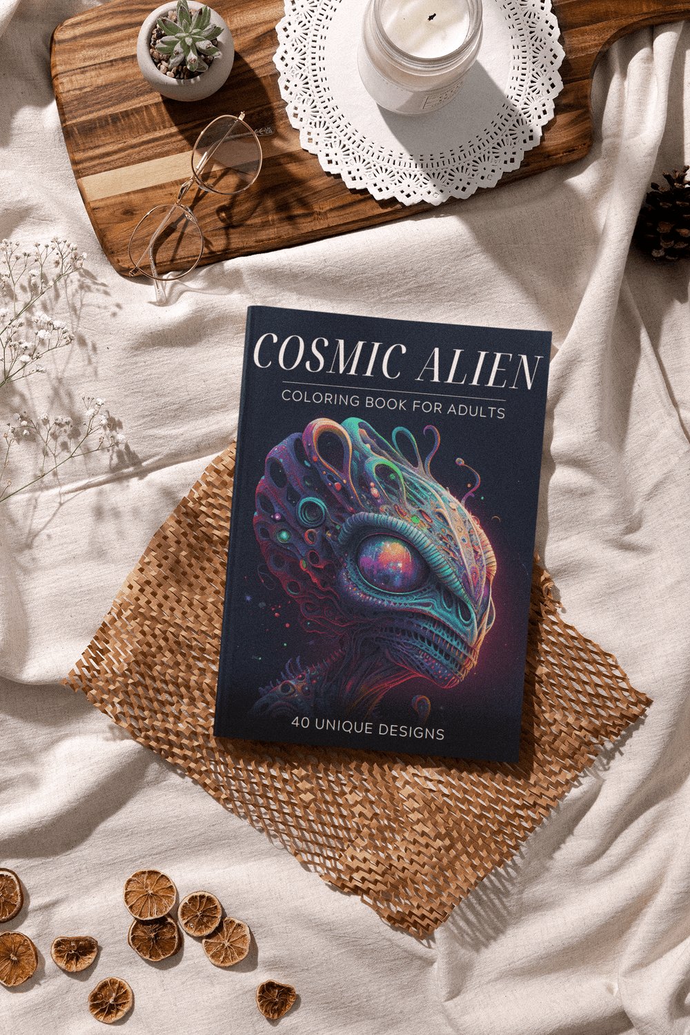 Cosmic Alien Coloring Book for Adults featuring colorful alien designs on a stylish surface with decorative elements.