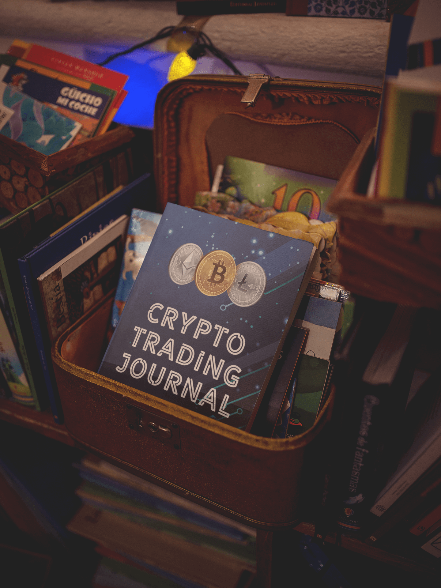 Crypto Trading Journal in a vintage case, surrounded by books, ideal for recording cryptocurrency trades.