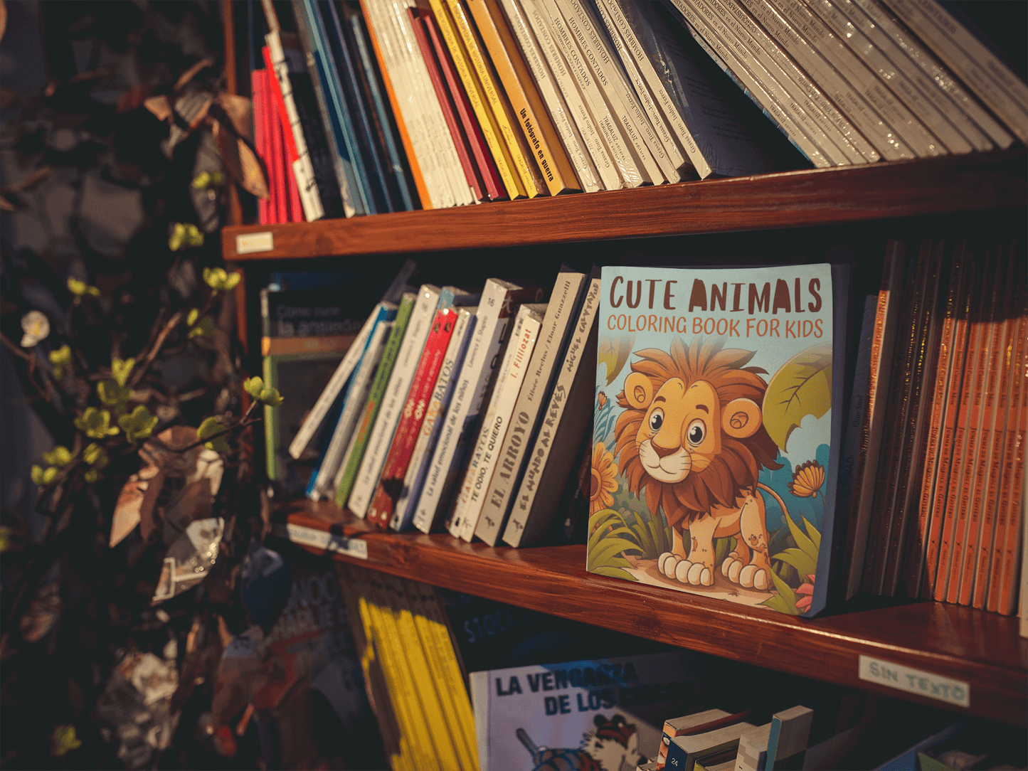 Cute Animals Coloring Book for Kids displayed on a shelf among other colorful books, featuring a friendly lion illustration.