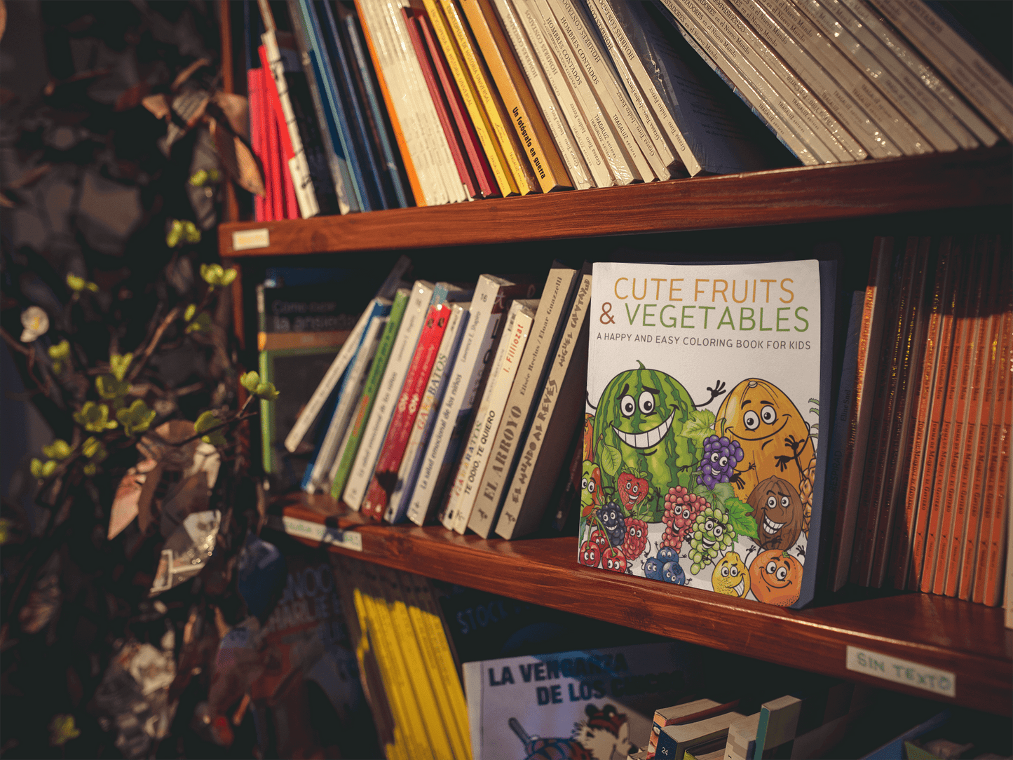 Cute Fruits & Vegetables coloring book showcased on a bookshelf, ideal for kids' fun and creativity.
