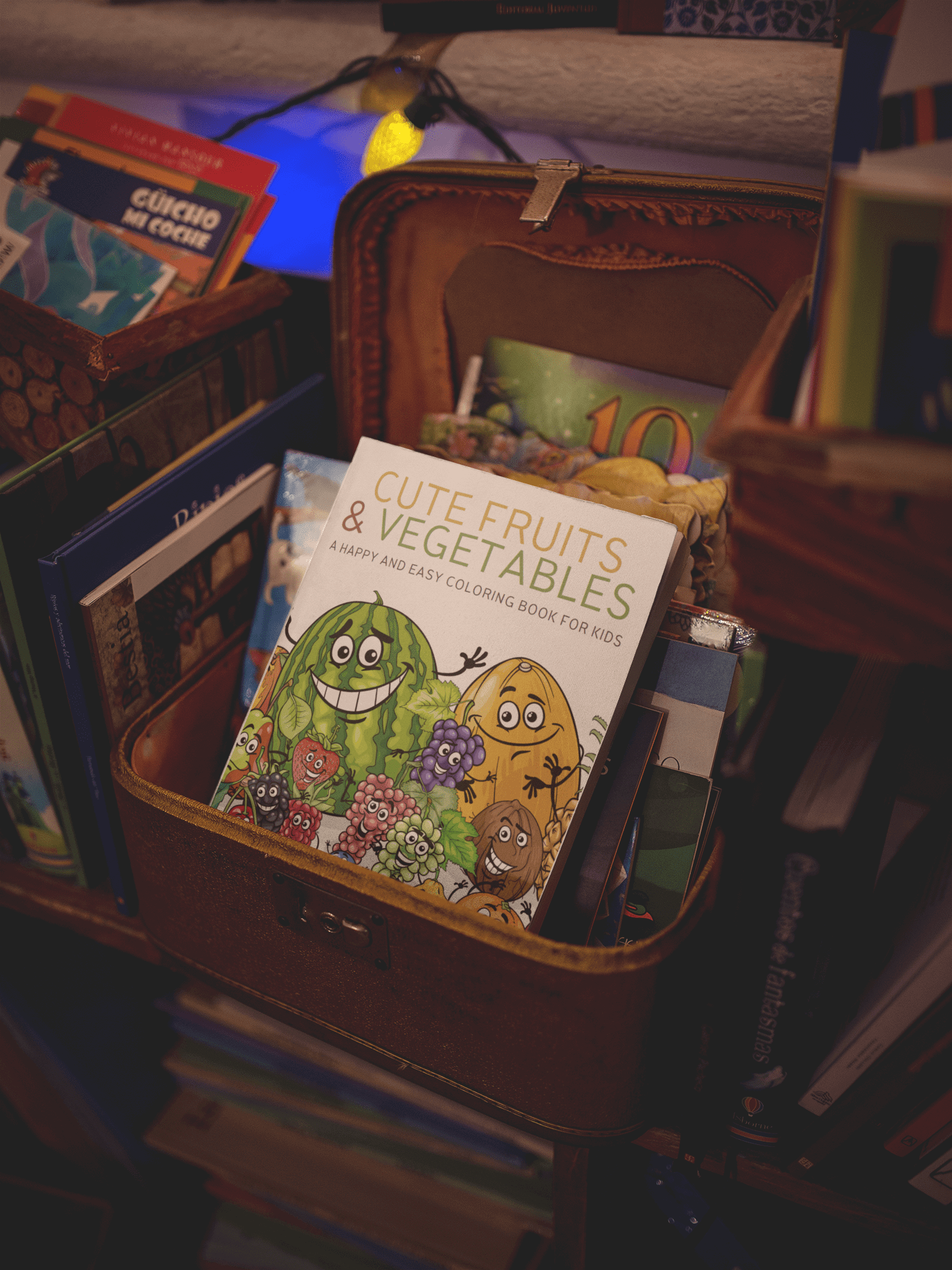 Cute Fruits & Vegetables coloring book inside a vintage suitcase, perfect for kids' fun and creativity.