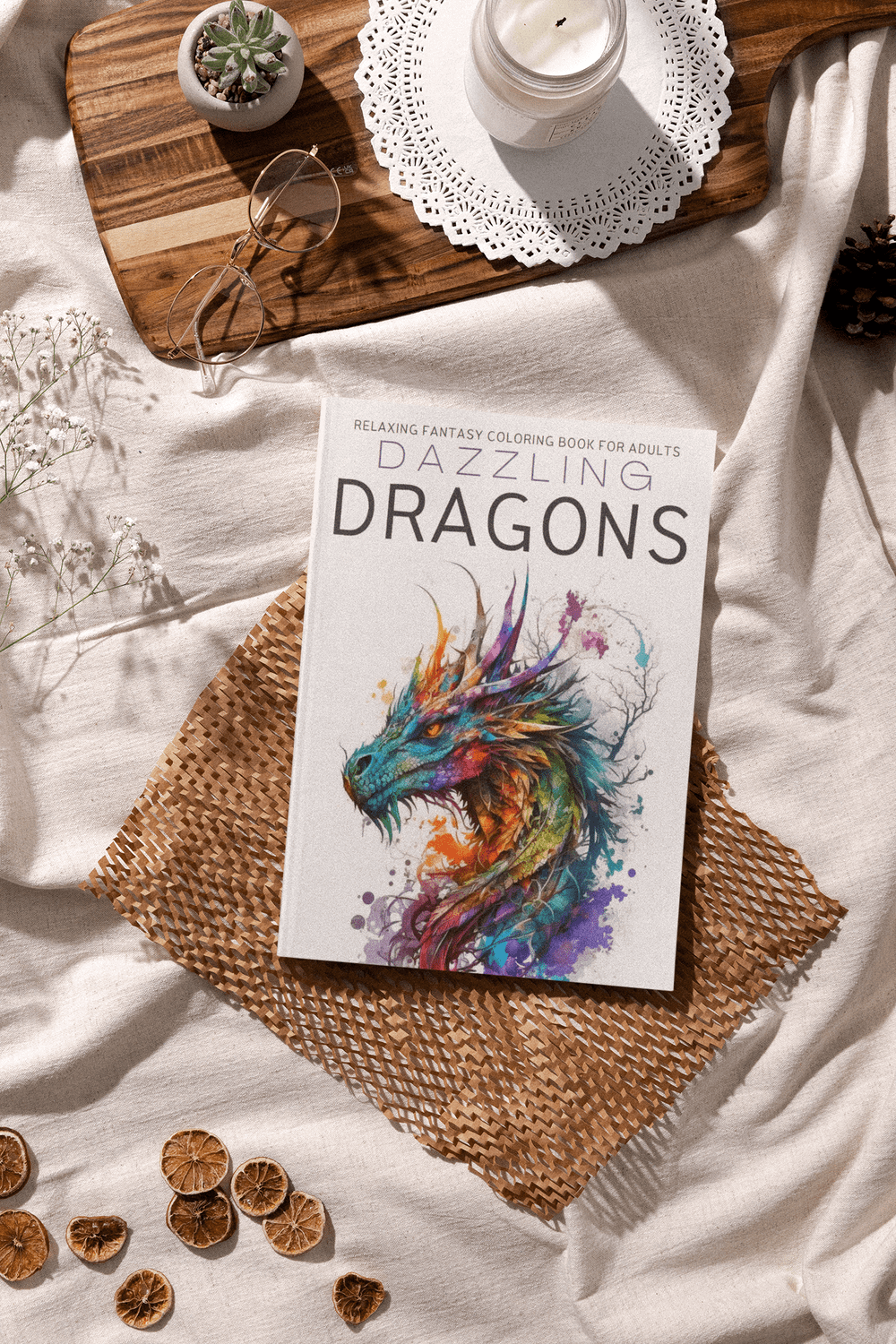 Dazzling Dragons coloring book for adults on a cozy fabric with decorative elements and a candle.