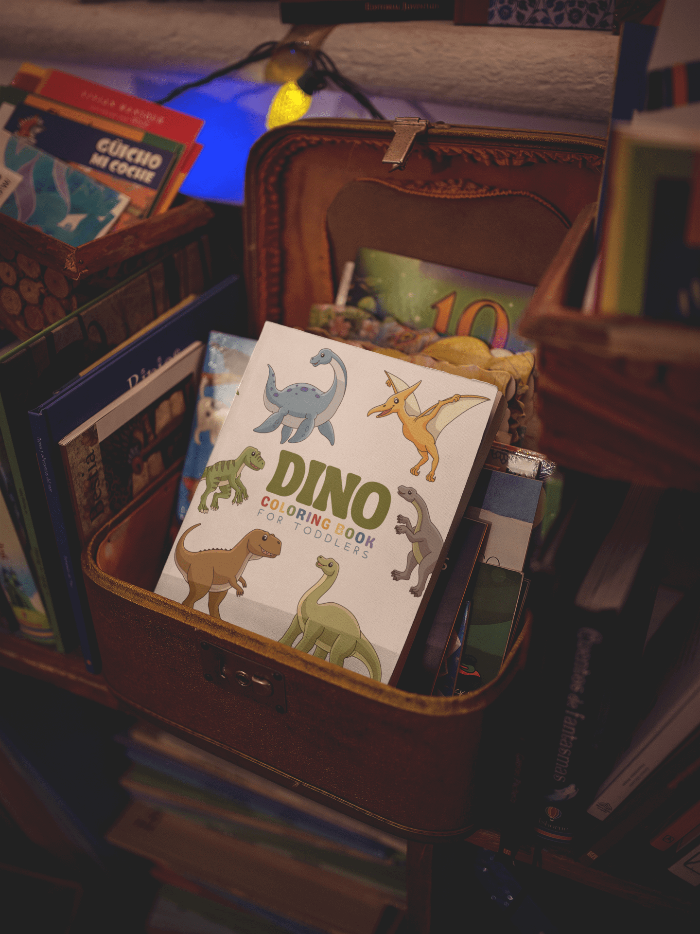 Dino Coloring Book for Toddlers displayed in a cozy bookshelf basket, featuring colorful dinosaur illustrations.