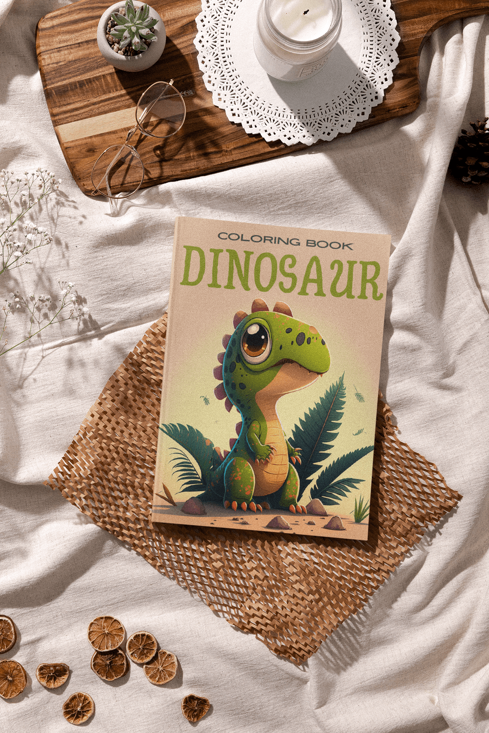 Dinosaur coloring book featuring a cute dinosaur character on a textured background with natural decor.