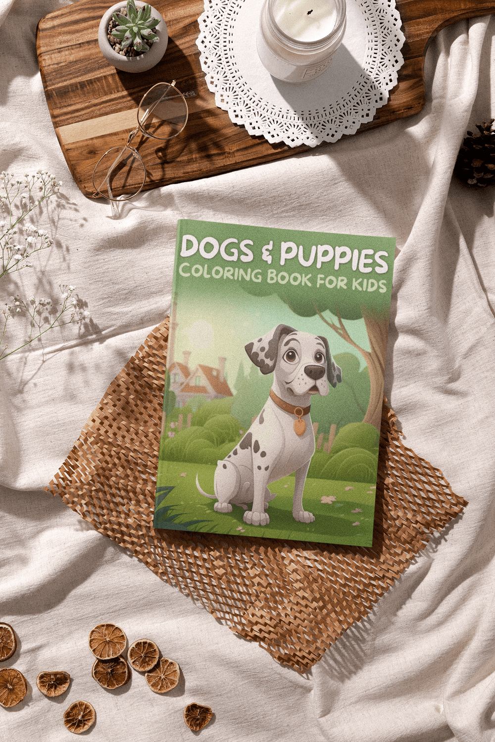 Dogs and puppies coloring book for kids displayed on woven mat with decorative elements.