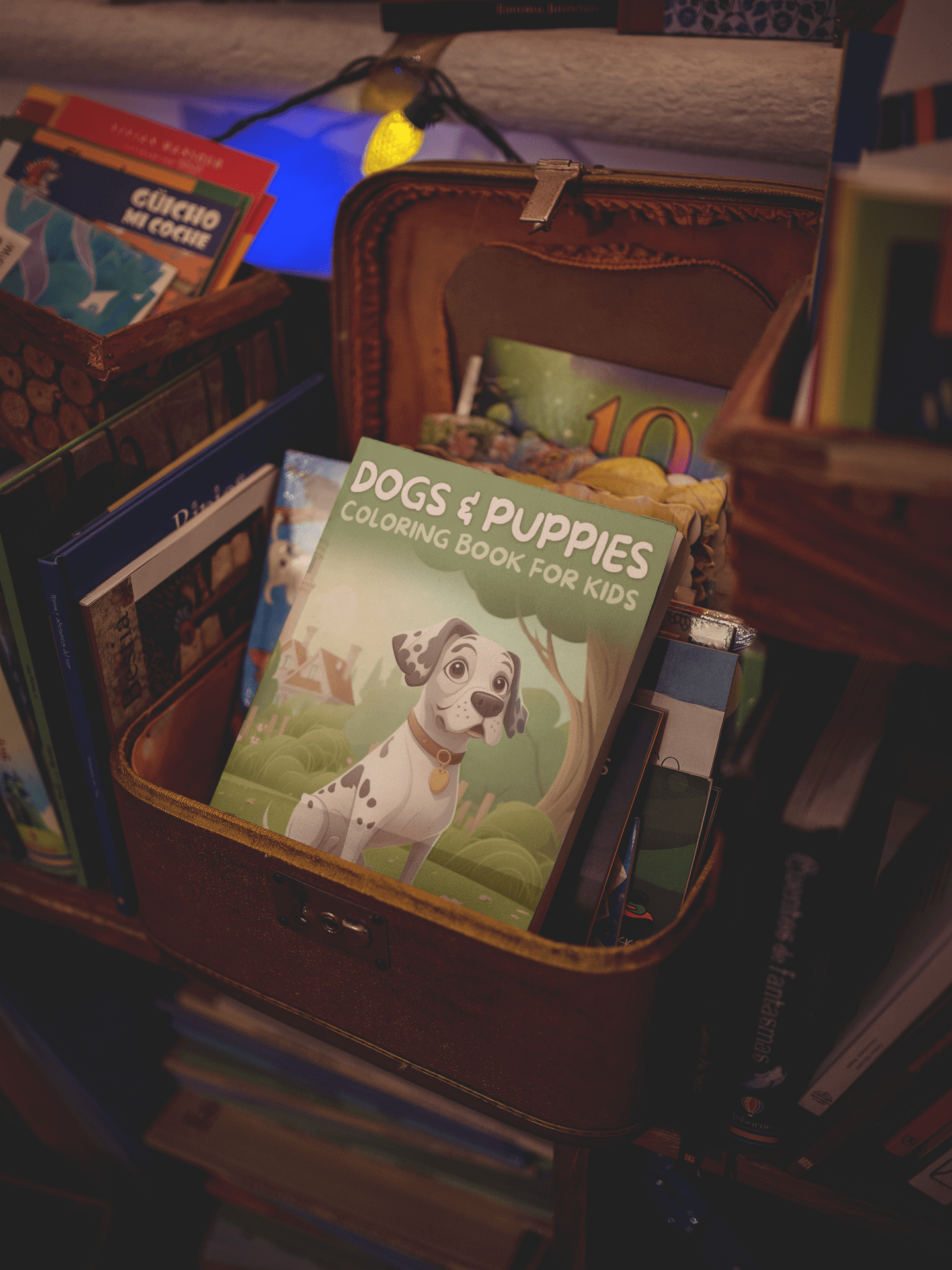 Dogs & Puppies coloring book for kids displayed in a cozy book storage basket.