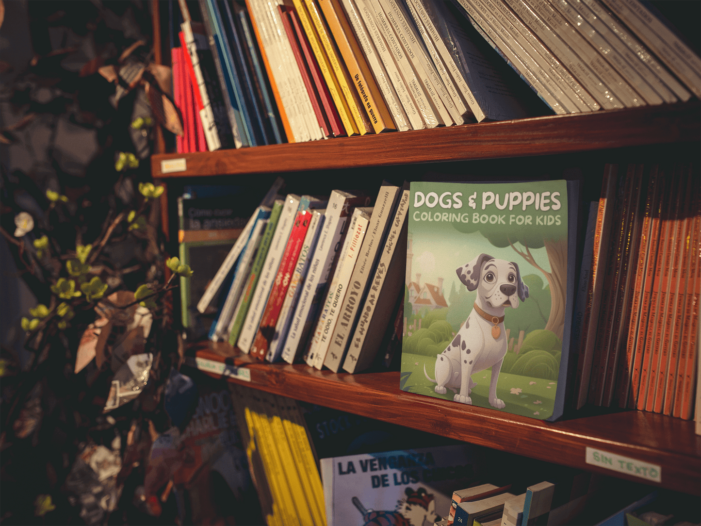 Colorful 'Dogs & Puppies Coloring Book for Kids' on a bookshelf surrounded by various other books.