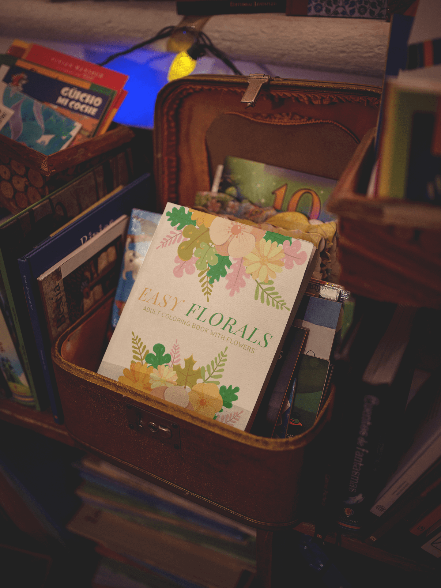 Easy Florals coloring book displayed in a cozy storage box full of colorful books and floral designs.