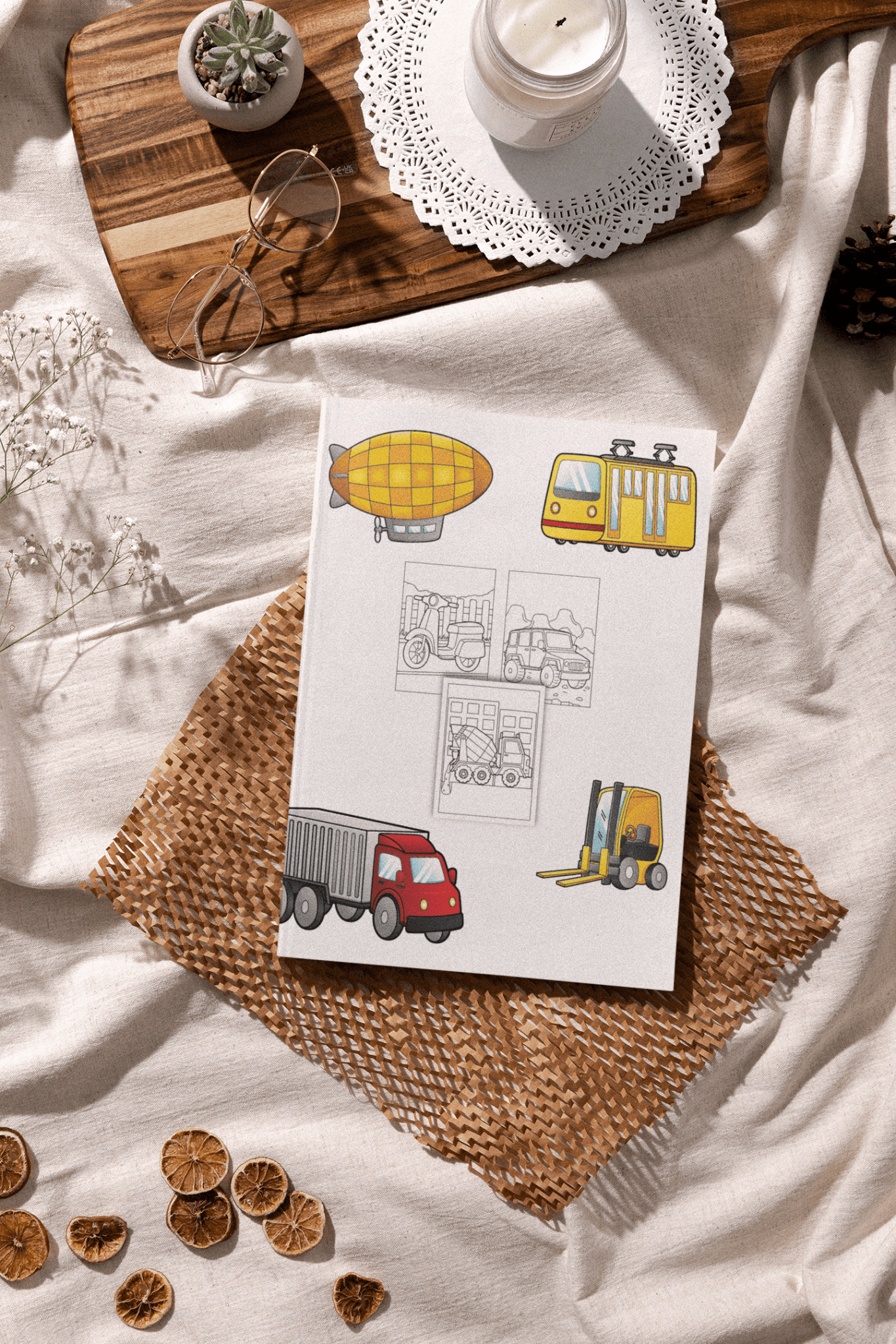 Easy Vehicles Coloring Book for Kids featuring colorful vehicle illustrations on a textured surface.