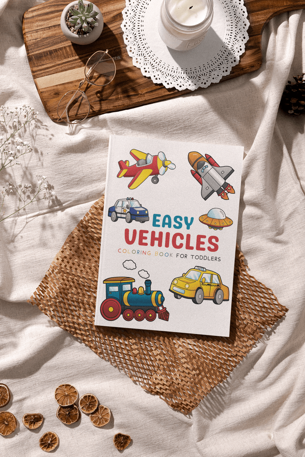Cover of Easy Vehicles Coloring Book for Kids featuring colorful illustrations of cars, planes, and boats.
