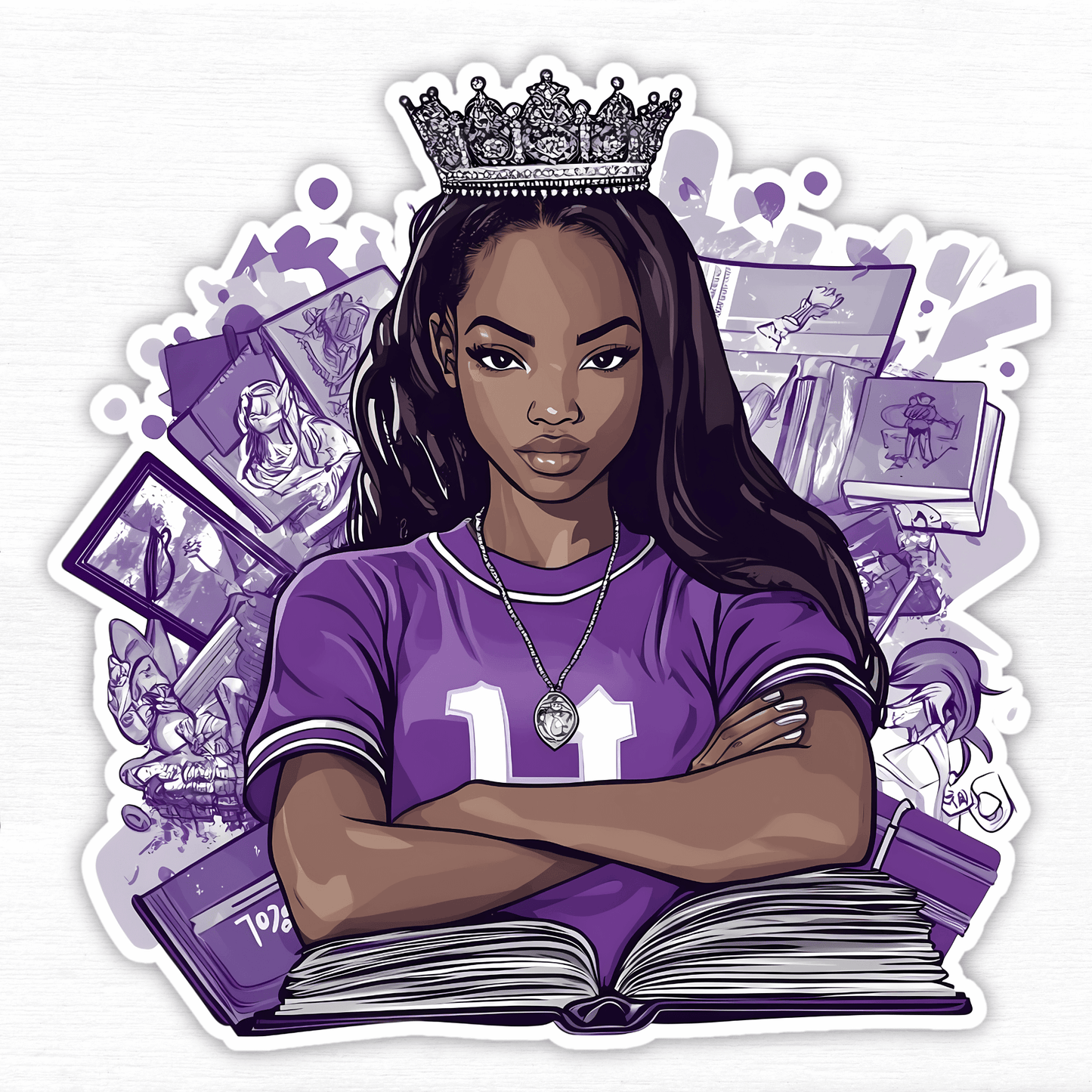 HBCU Campus Royalty Sticker featuring a confident woman in a crown, surrounded by artistic elements and an open book.
