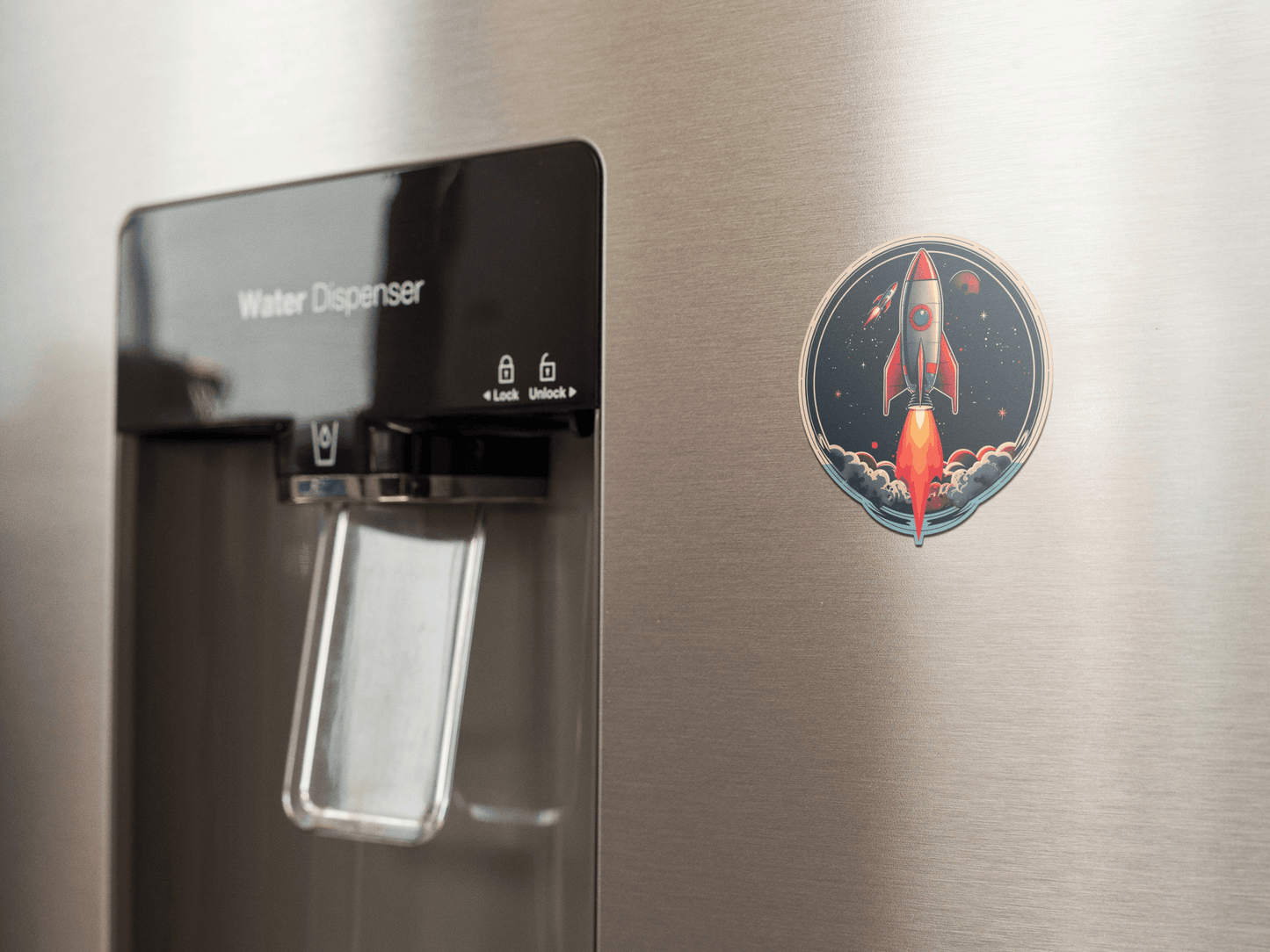 Atomic Age spacecraft sticker on a refrigerator, featuring a colorful rocket design.