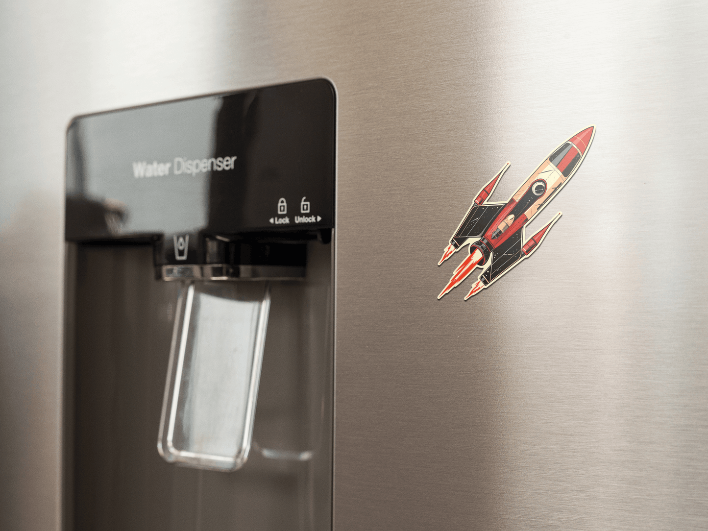 Atomic Age spacecraft sticker on a stainless steel refrigerator water dispenser.