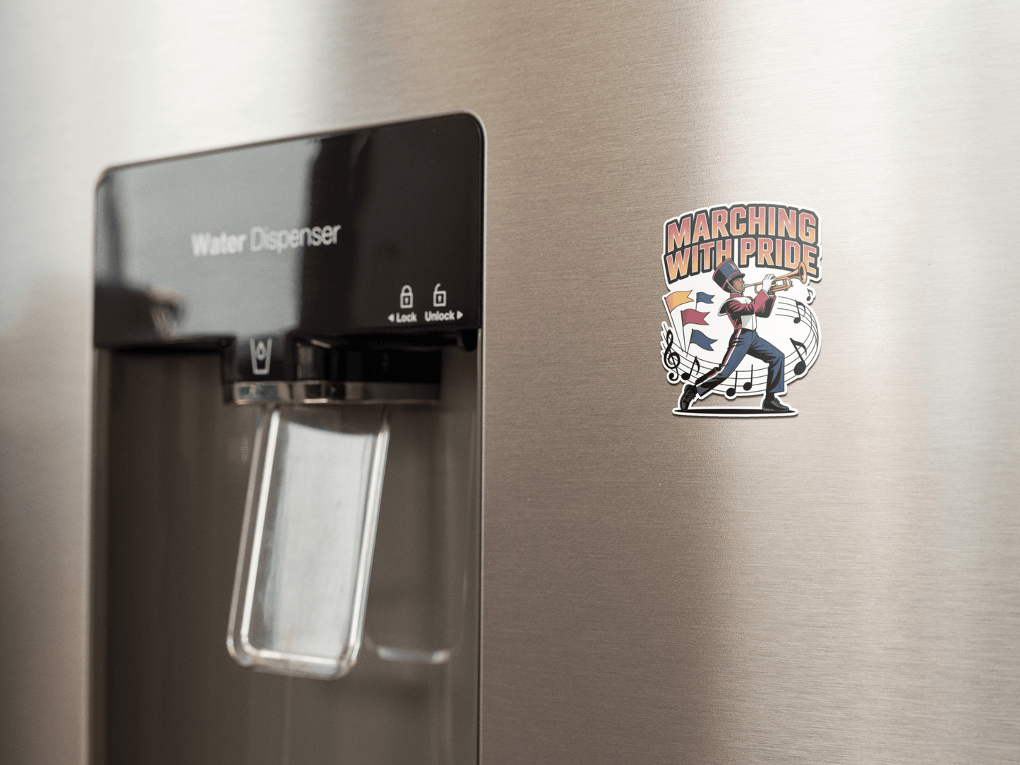 Colorful Marching With Pride sticker on a stainless steel fridge water dispenser.