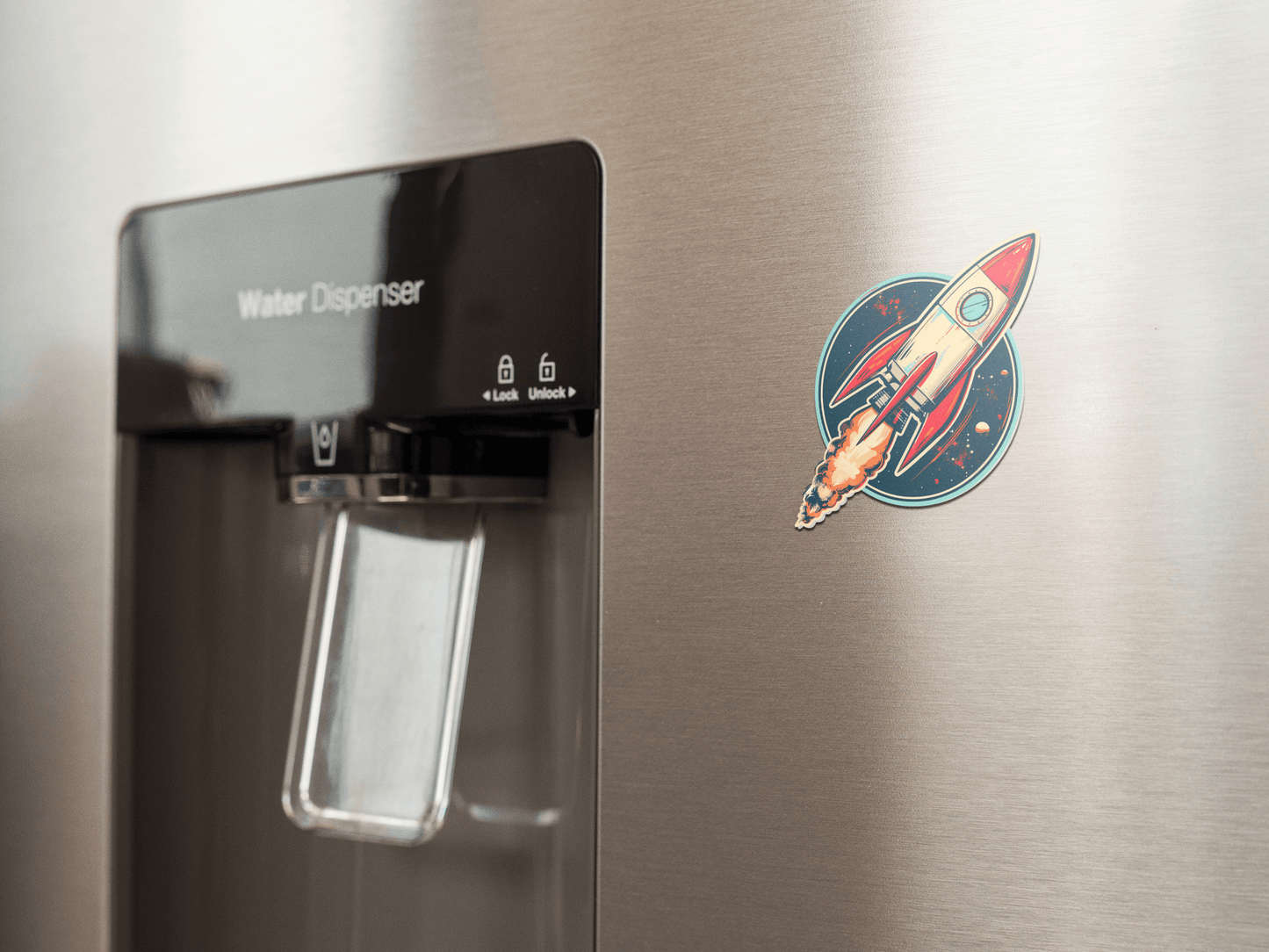 Atomic Age spacecraft sticker on a modern refrigerator's water dispenser.