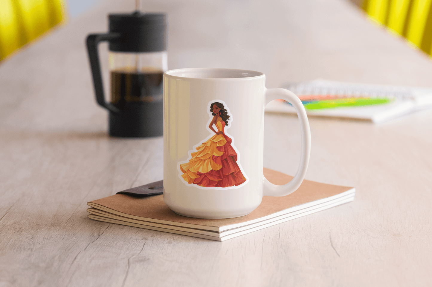 Mug with Golden Flame Beauty Sticker featuring elegantly dressed Afro-American woman in flowing red and gold gown.