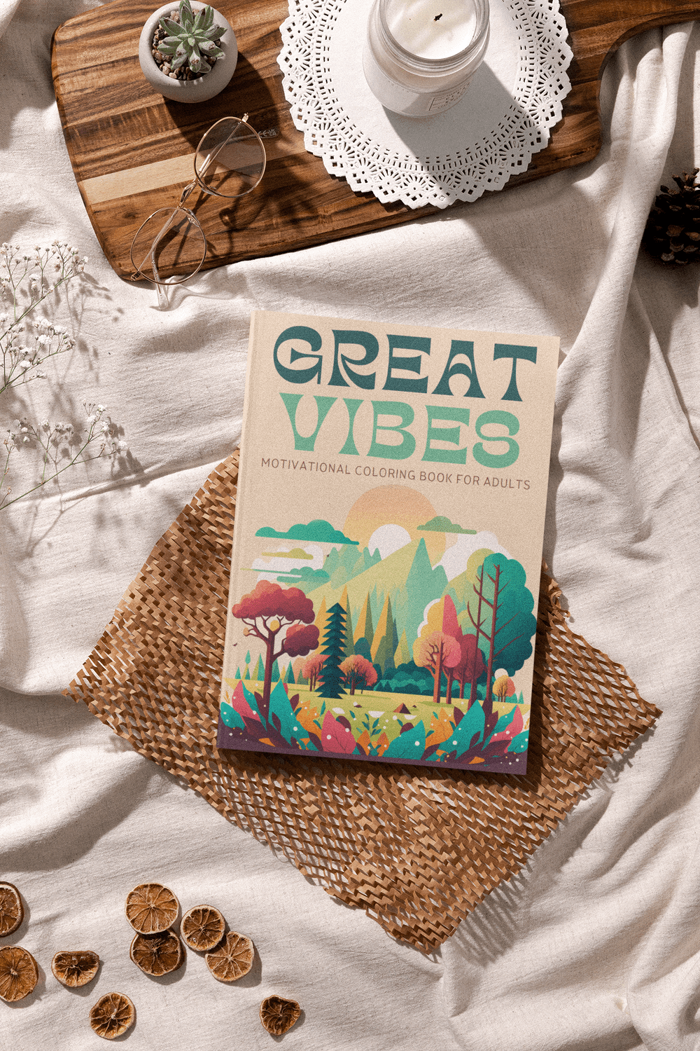 Great Vibes motivational coloring book for adults displayed on a cozy blanket with decorative elements.
