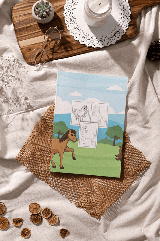 Coloring book for girls featuring horses and unicorns on a cozy background.