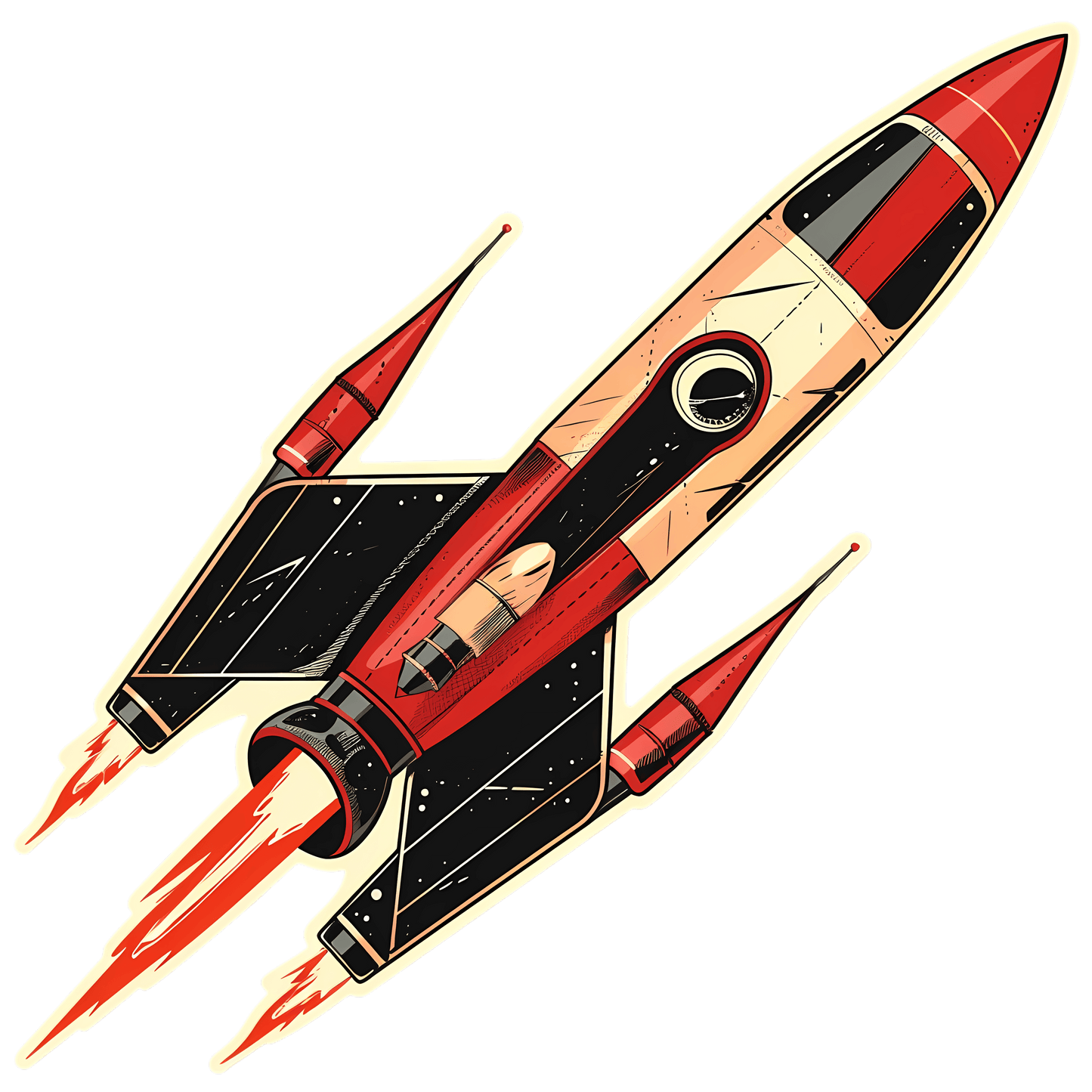Colorful Atomic Age spacecraft sticker design featuring a retro rocket with flames.