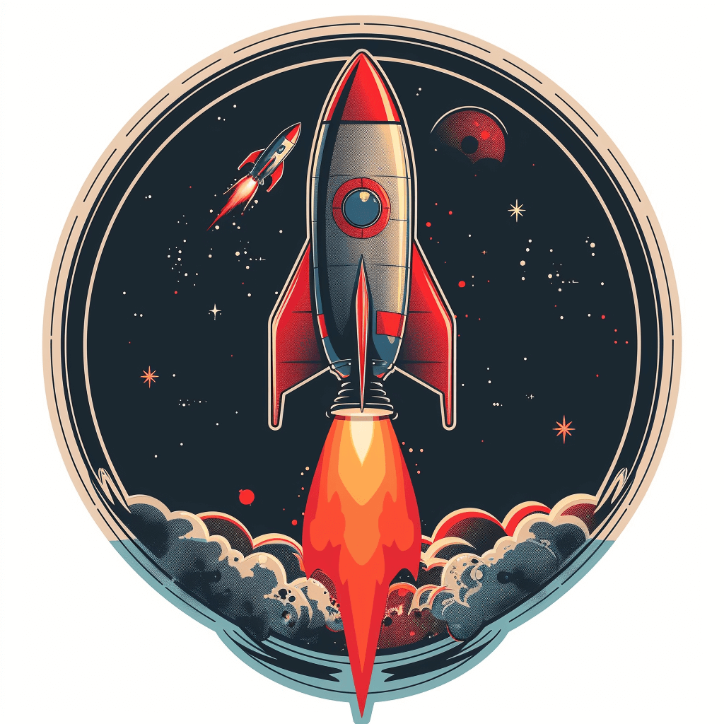 Colorful Atomic Age spacecraft sticker with rocket launching through space against a starry background.