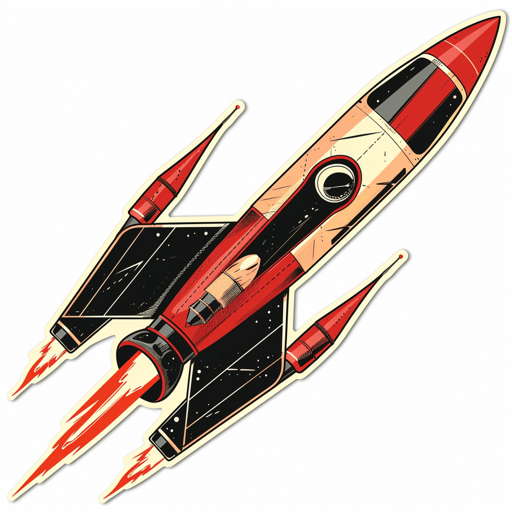 Vintage rocket sticker in red and black with flames, perfect for decorating laptops and planners.