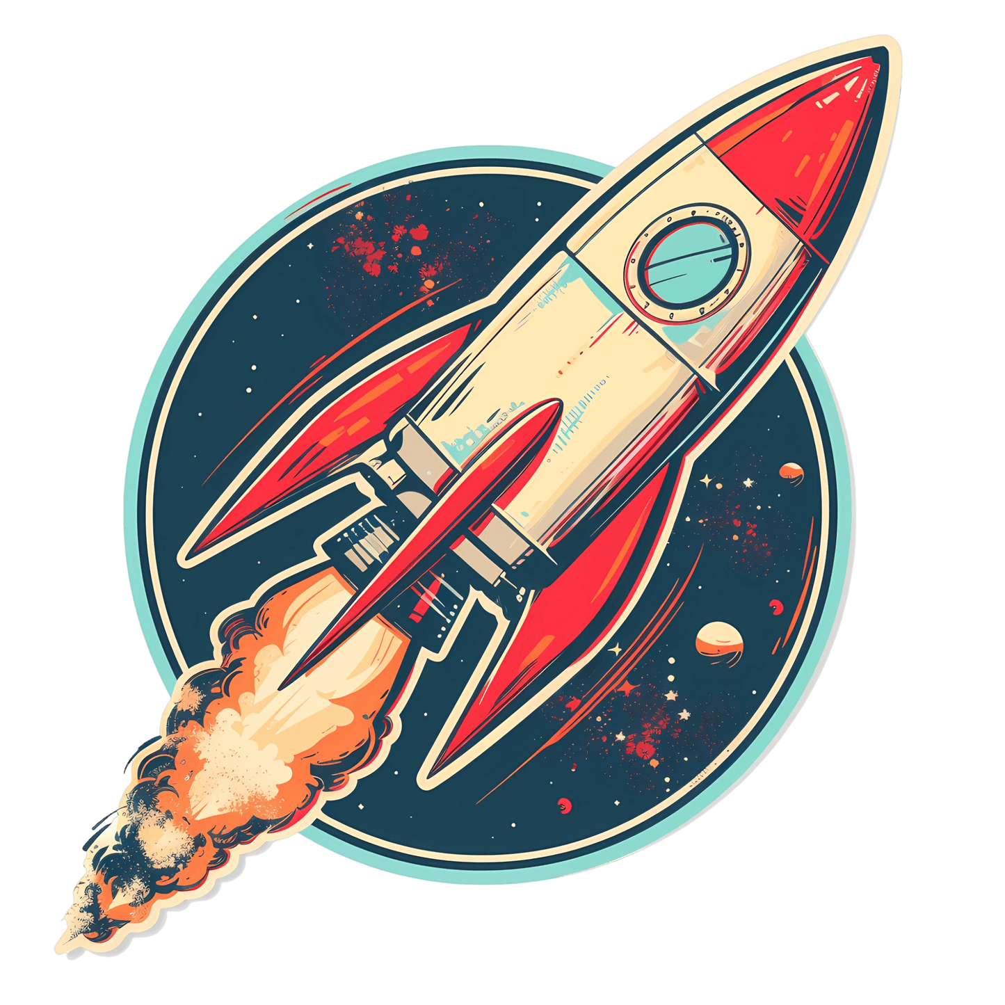 Colorful Atomic Age spacecraft sticker with red accents and flames, perfect for decorating laptops and water bottles.