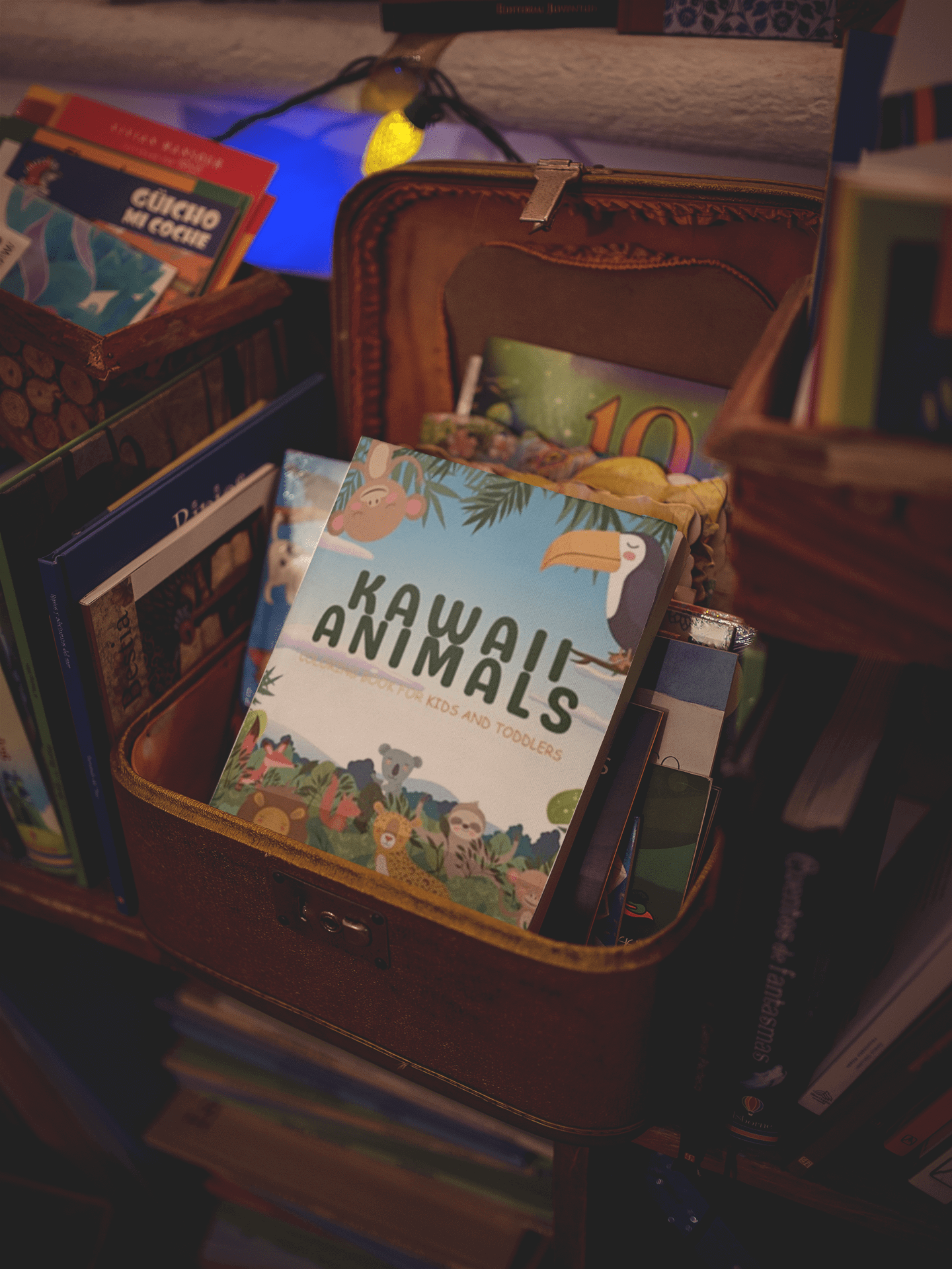 Kawaii Animals Coloring Book for Kids and Toddlers displayed on a shelf surrounded by other colorful books.