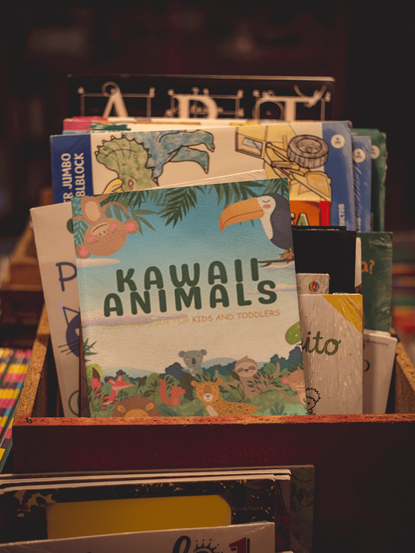Kawaii Animals coloring book for kids and toddlers displayed among other books.