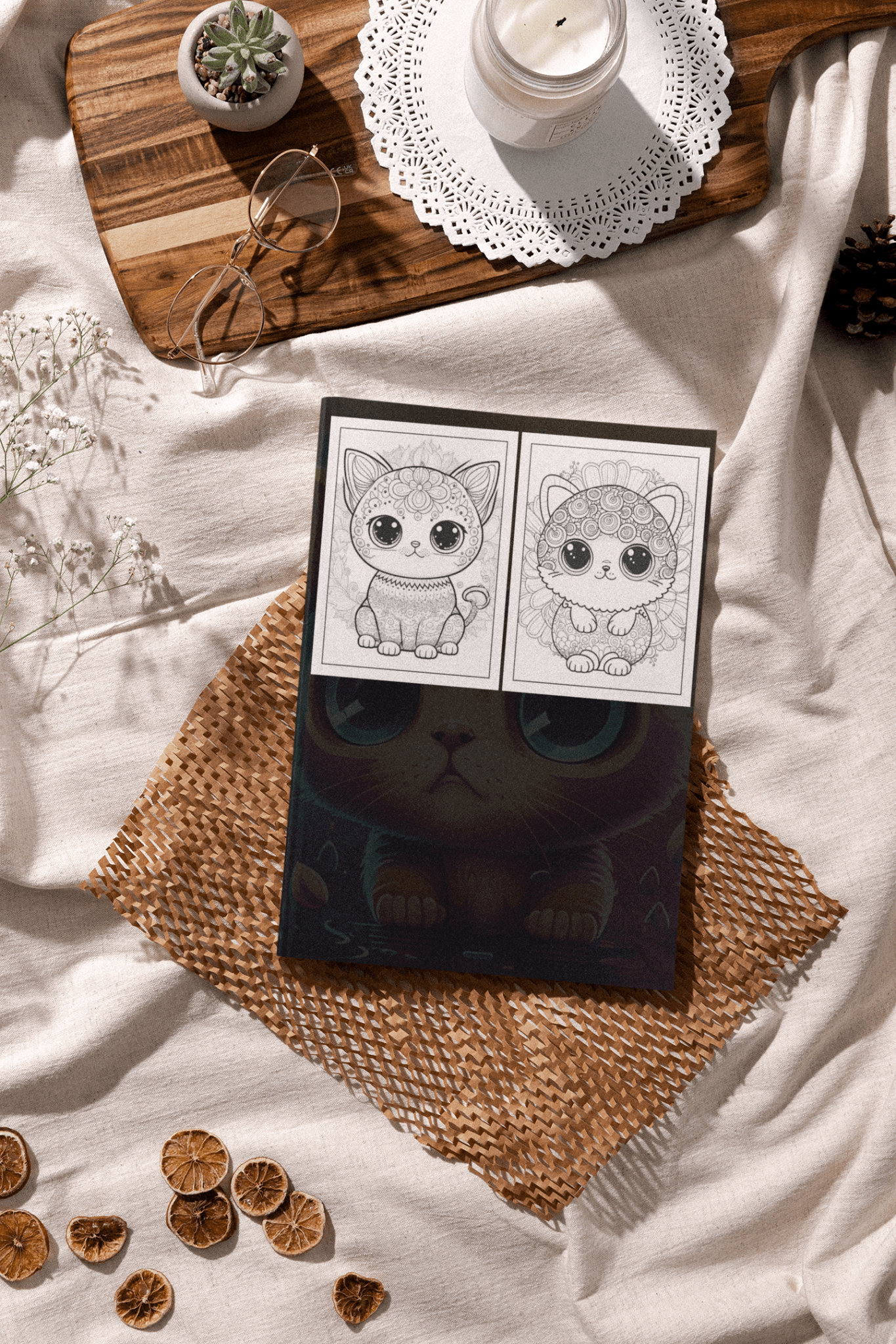 Kittens & Cats coloring book lying on a textured surface with sketches of a kitten and a cat, surrounded by decorative elements.