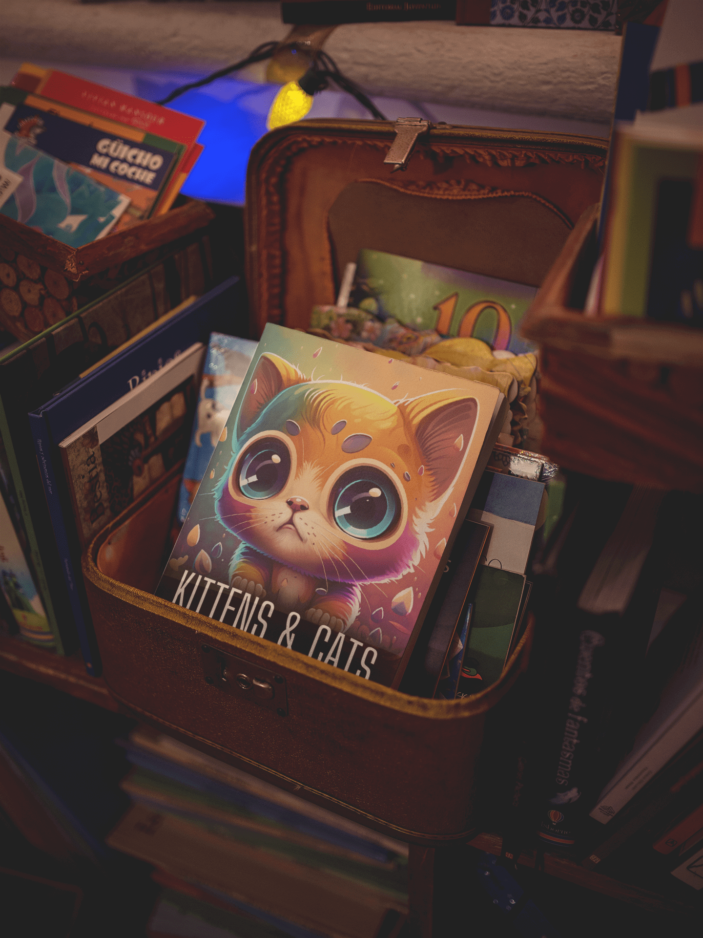 Colorful Kittens & Cats coloring book displayed in a cozy bookshelf, perfect for cat lovers and all ages.