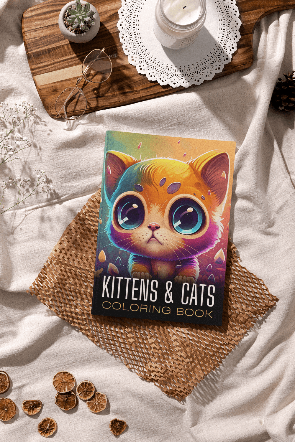 Colorful cover of Kittens & Cats Coloring Book featuring a cute kitten design, perfect for cat lovers and coloring enthusiasts.