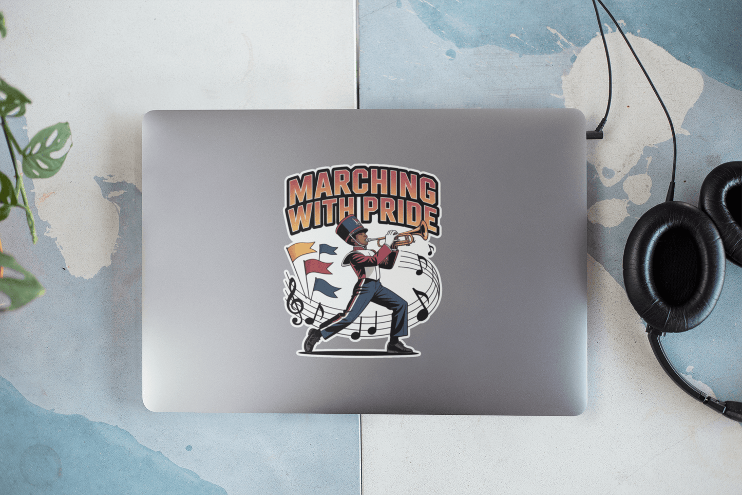Laptop featuring Marching With Pride sticker showcasing vibrant design and music notes.