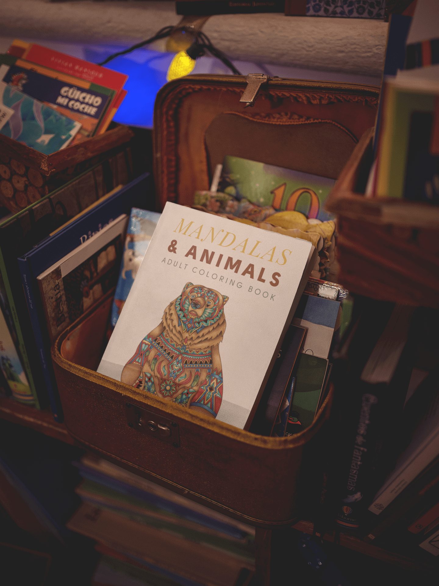 Mandalas & Animals Adult Coloring Book displayed among other books in a vintage suitcase.