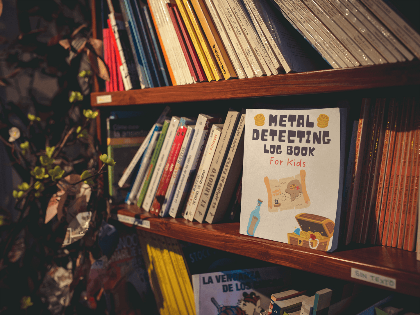 Metal Detecting Log Book for Kids displayed on a wooden shelf among various books in a cozy setting.