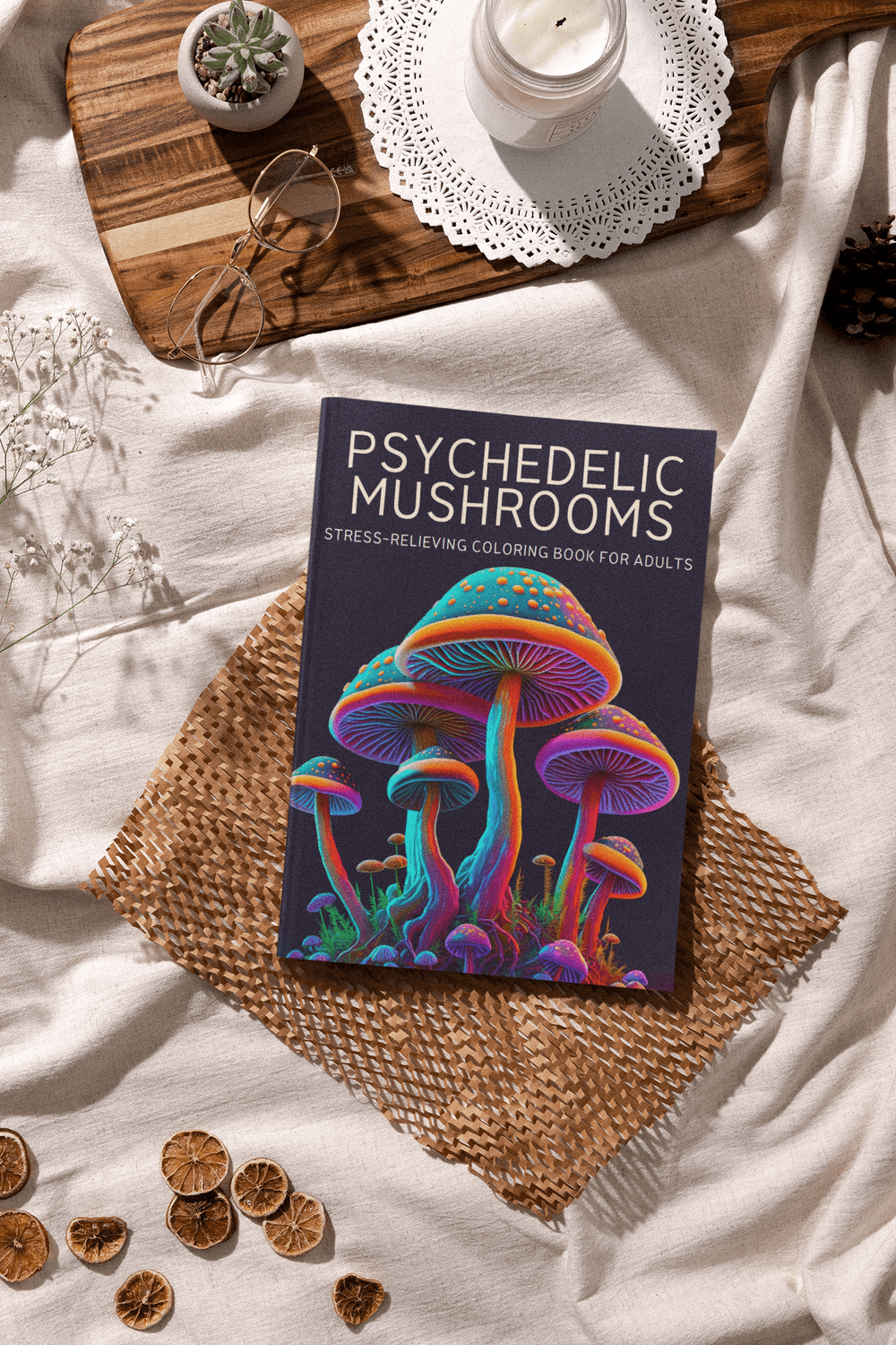 Cover of Psychedelic Mushrooms coloring book featuring vibrant mushroom illustrations, perfect for stress relief.