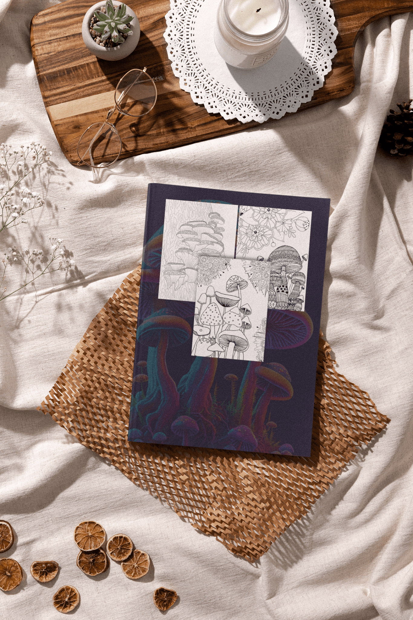 Psychedelic Mushrooms Coloring Book on a textured surface with candles, glasses, and decorative elements.