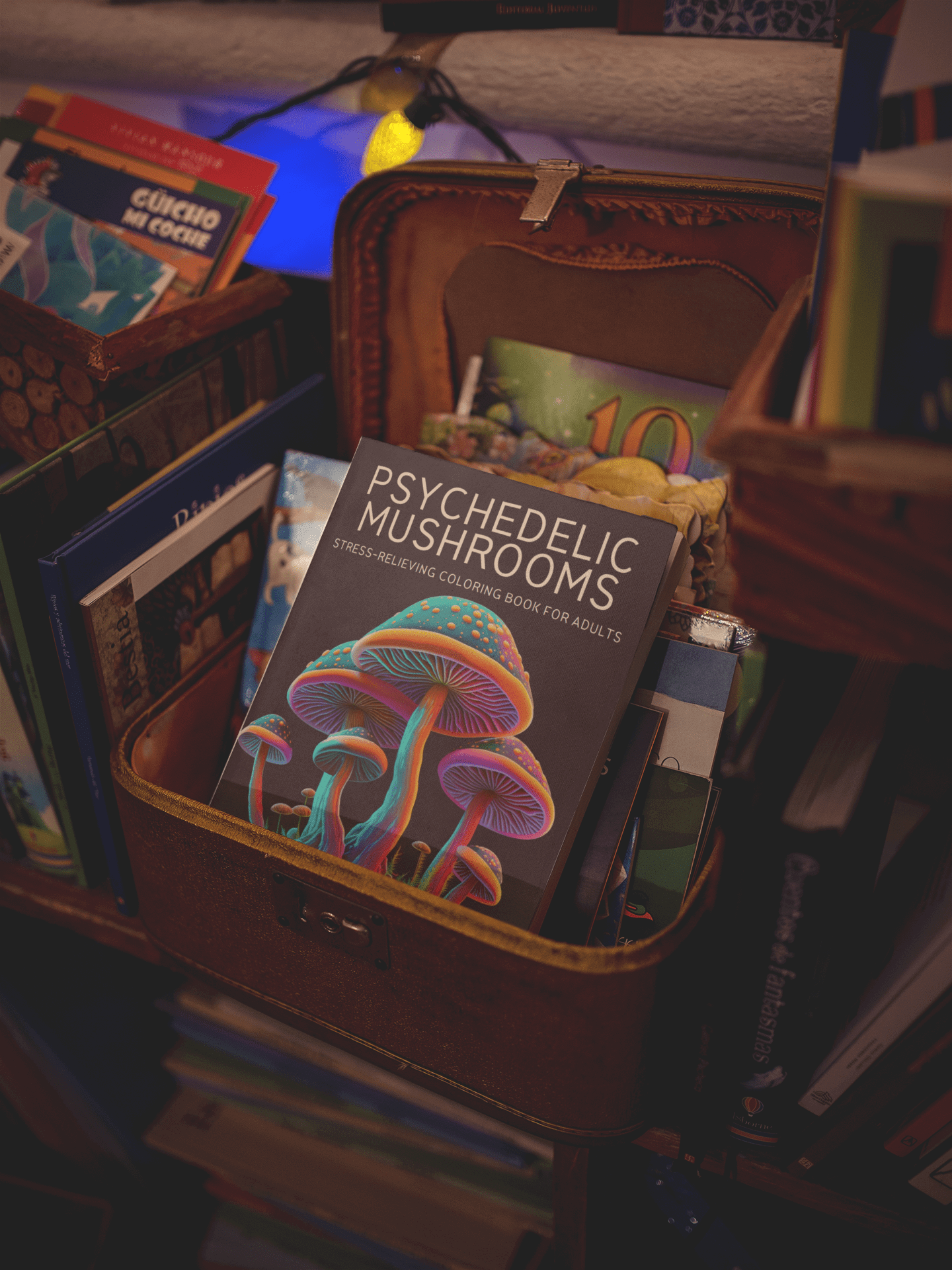 Psychedelic Mushrooms coloring book displayed in a cozy bookshelf with colorful lighting.