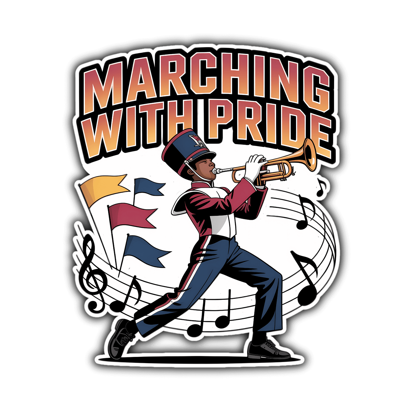 Colorful Marching With Pride sticker featuring a musician playing trumpet with flags and musical notes.