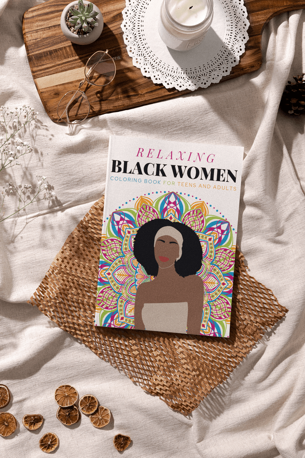 Cover of the Relaxing Black Women Coloring Book featuring a colorful design and illustration on a cozy background.
