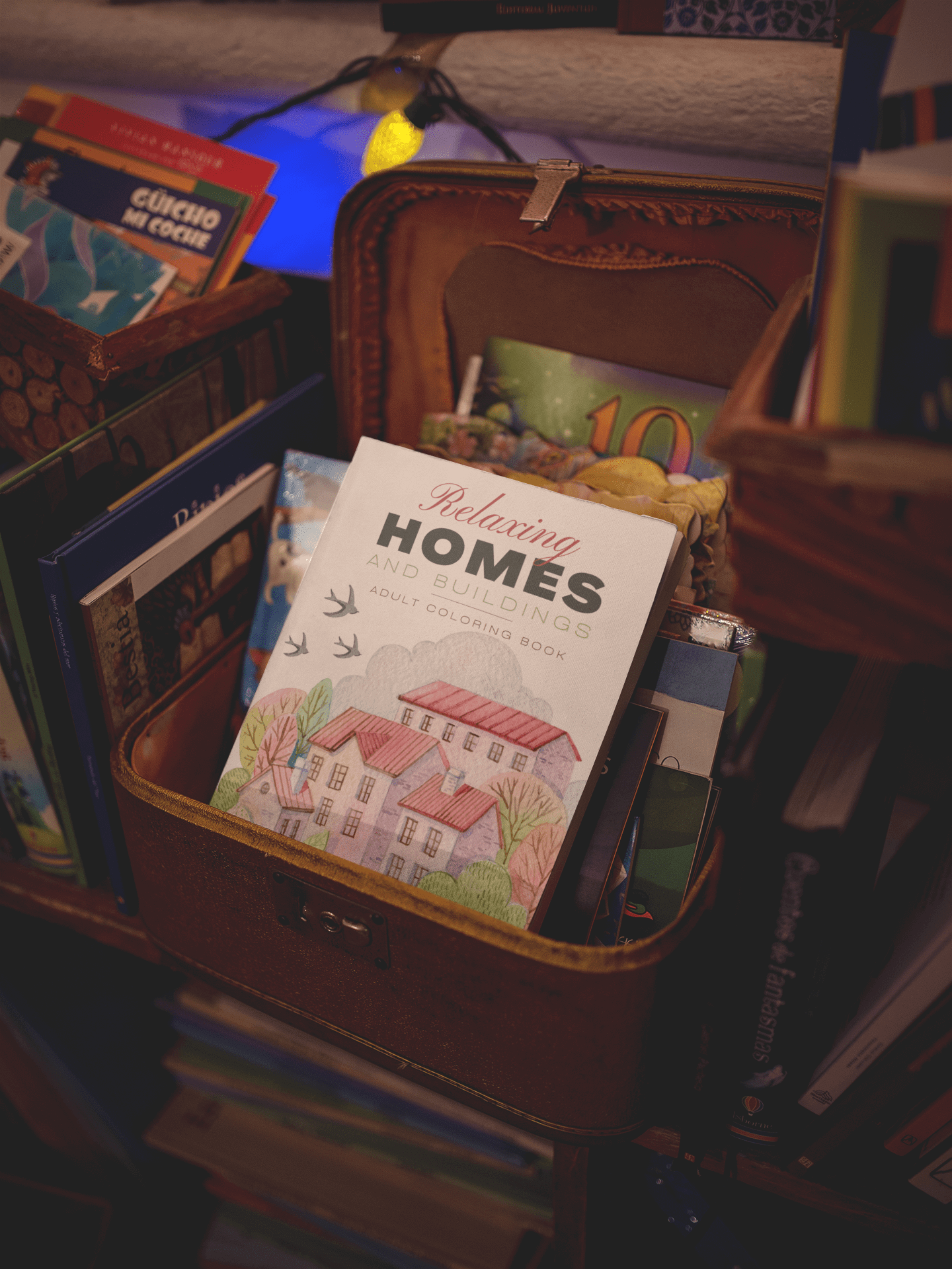 Relaxing Homes and Buildings adult coloring book displayed on a shelf among other books.