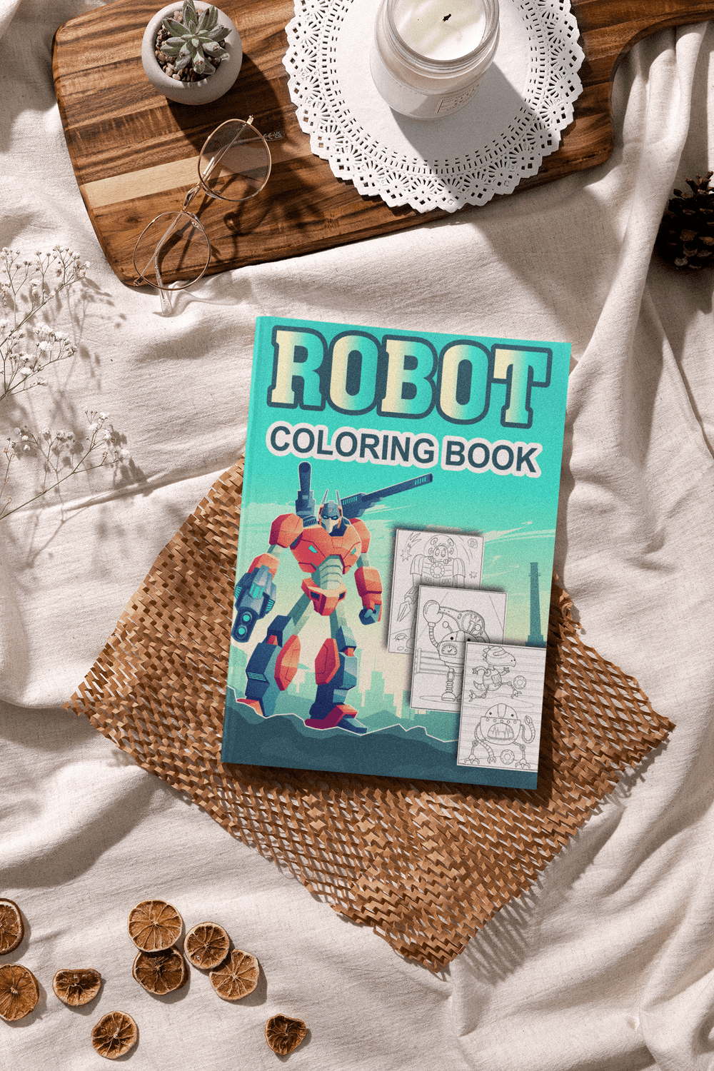 Robot coloring book designed for relaxation, featuring vibrant artwork and a calming layout on a cozy setting.