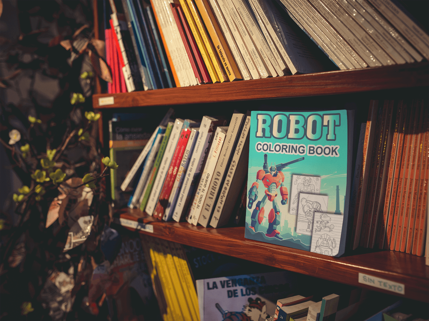 Robot coloring book on a shelf among various books, designed for relaxation and stress relief.