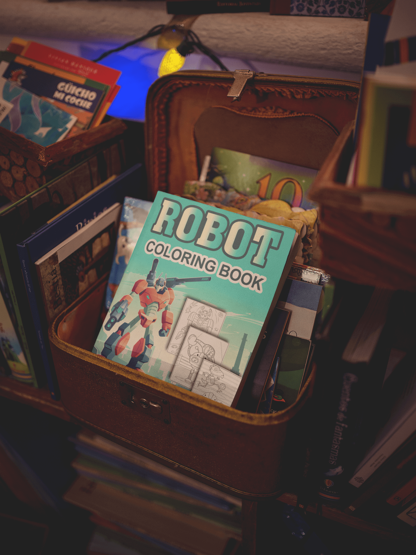 Robot coloring book displayed in a wooden basket among other books, promoting relaxation and stress relief.