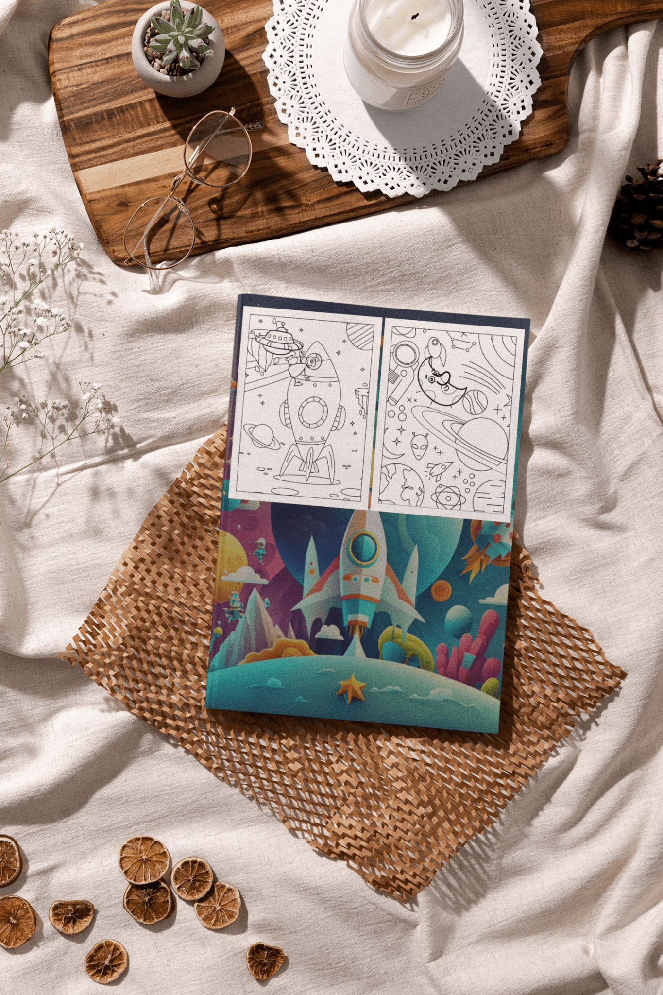 Coloring book featuring space and planets designs on a cozy background with decorations and natural elements.