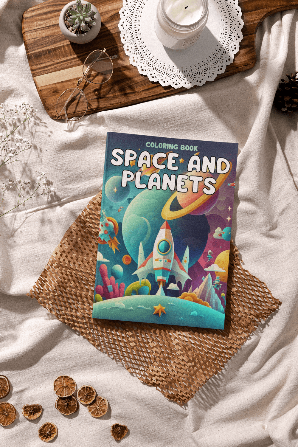 Coloring book titled 'Space and Planets' featuring a colorful rocket and galaxy designs on a cozy background.