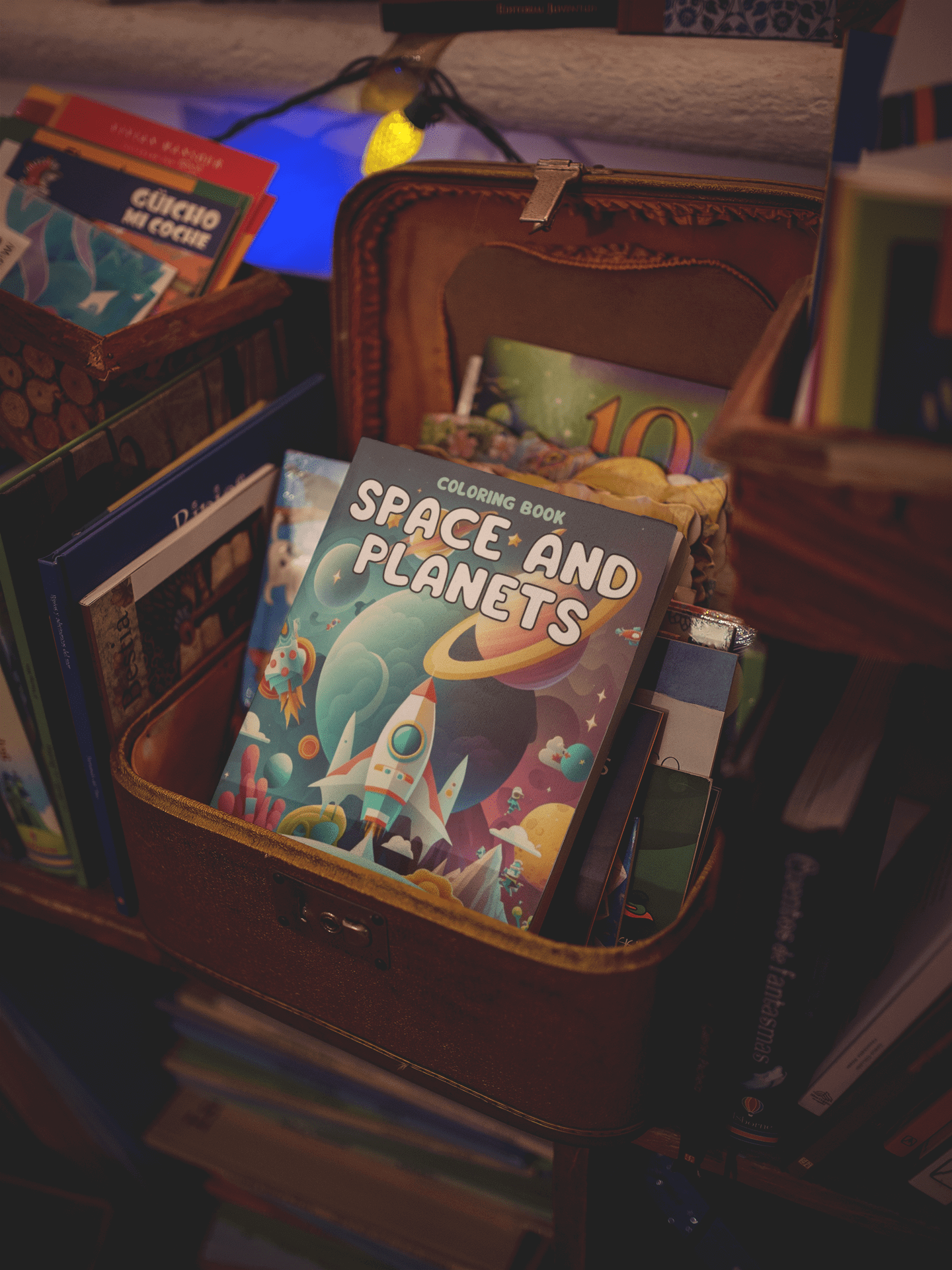 Coloring book titled 'Space and Planets' with vibrant designs in a rustic storage box among other books.