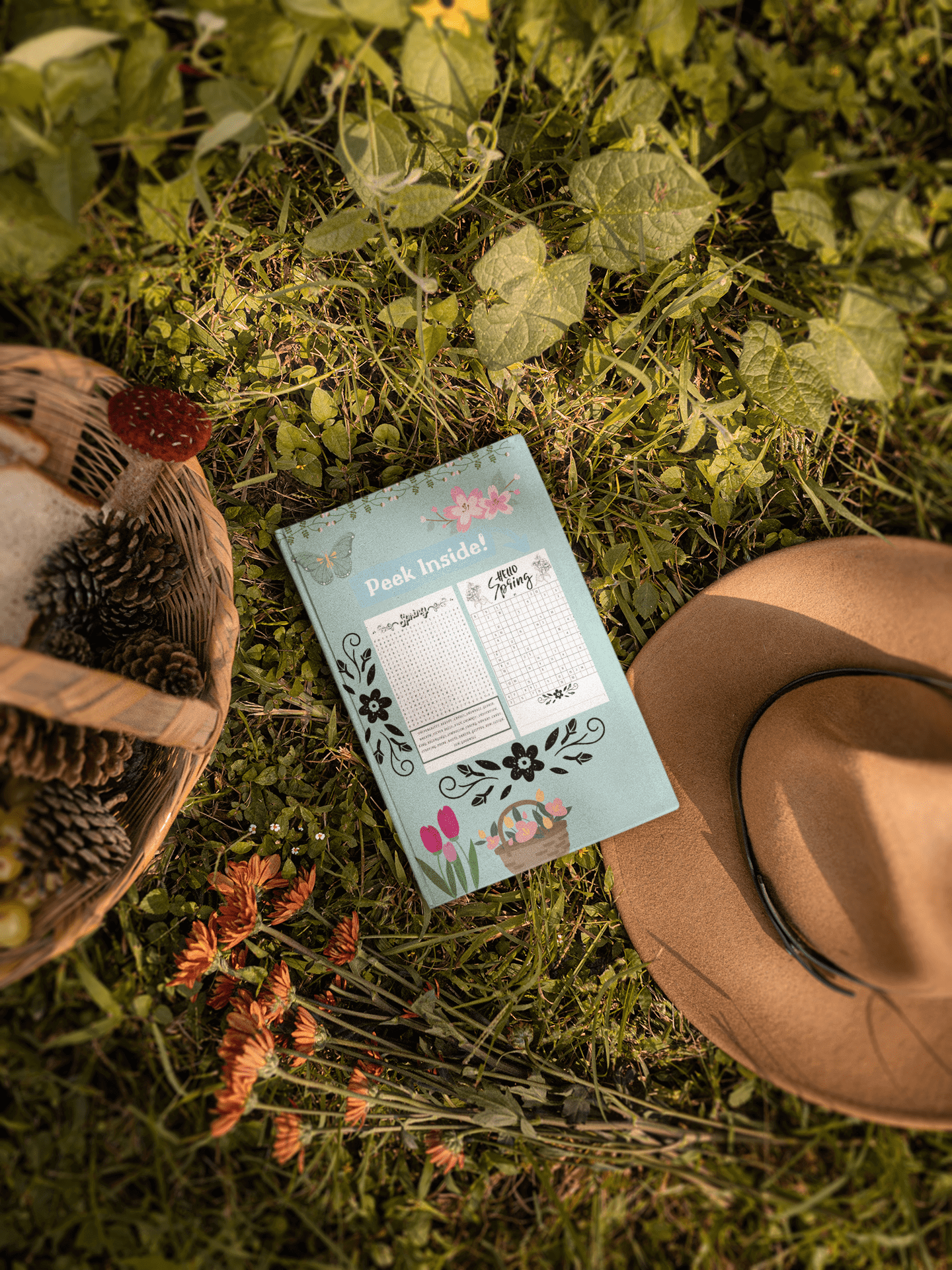 Spring Time Mix Activity Book surrounded by nature, a straw hat, and pine cones, inviting creativity and relaxation.