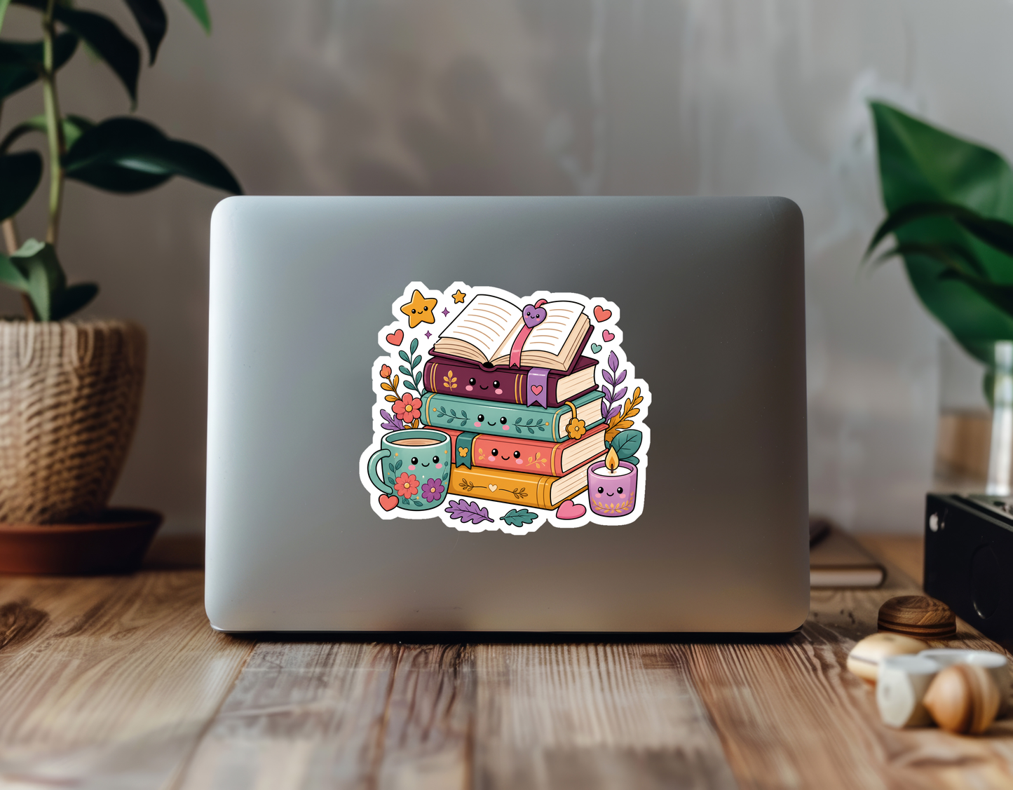 Stacks of Cozy Books Vinyl Sticker on an alternate laptop lifestyle scene