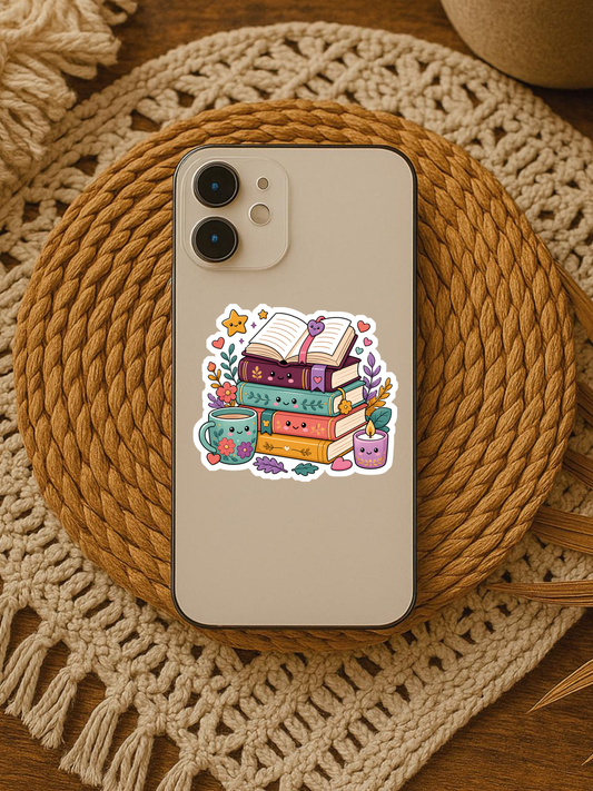 Stacks of Cozy Books Vinyl Sticker on a phone placemat