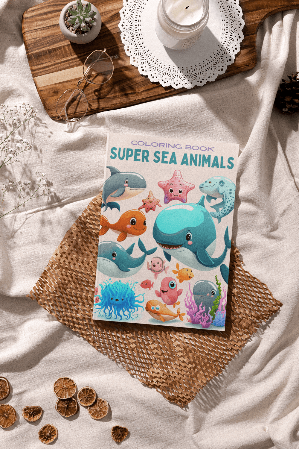 Super Sea Animals Coloring Book on a woven mat, featuring various colorful ocean creatures.